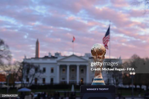 The FIFA World Cup Trophy is seen outside the White House ahead of the FIFA World Cup Draw on December 02, 2025 in Washington, DC.