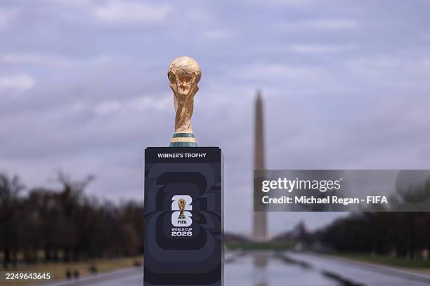 The FIFA World Cup Trophy is seen with the Washington Monument ahead of the FIFA World Cup Draw on December 02, 2025 in Washington, DC.