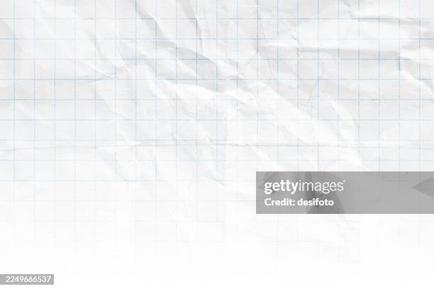 illustrazioni stock, clip art, cartoni animati e icone di tendenza di carta ruvida e ruvida bianca di colore bianco, piegata, stropicciata, ruvida, sfondi vettoriali orizzontali con pieghe e pieghe e un tenue motivo grigio-blu a scacchi, come una pagina grafica vuota e sbiadita di un quaderno di matematica - schiacciato