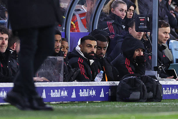 Mohamed Salah and Alexander Isak of Liverpool on the bench during the Premier League match between Leeds United and Liverpool at Elland Road on...