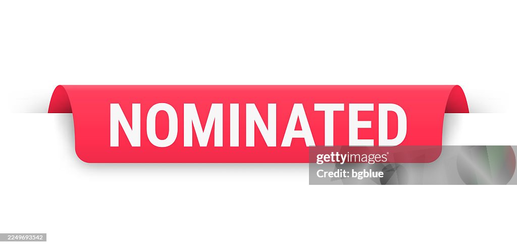 Nominated - Red banner, bookmark, ribbon, label on white background