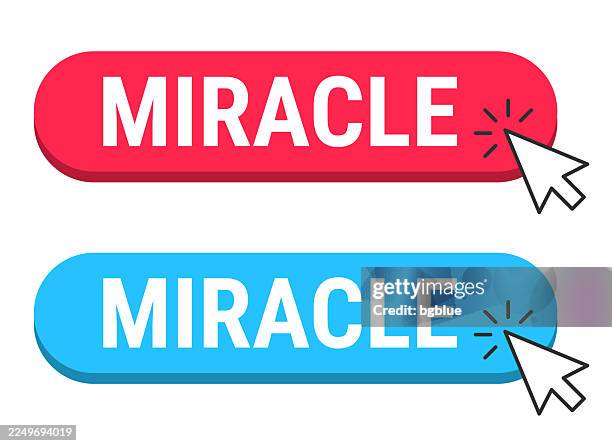 miracle - red and blue buttons with cursor on white background - miracle stock illustrations