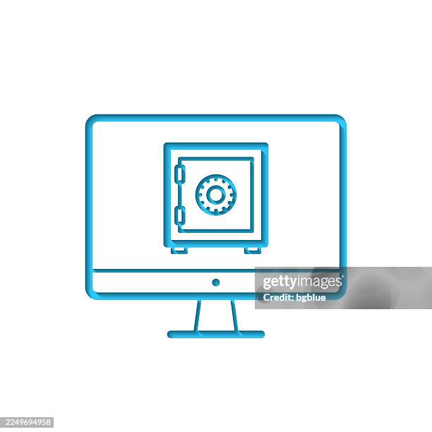 desktop computer with safe box. icon cut out on white paper with blue background - desktop computer screen close stock illustrations