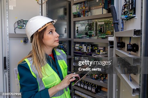 Female Engineer Inspecting Control Panel and Taking Notes for Safety and Maintenance at Power Station Female Engineer Inspecting Control Panel and Taking Notes for Safety and Maintenance at Power Station