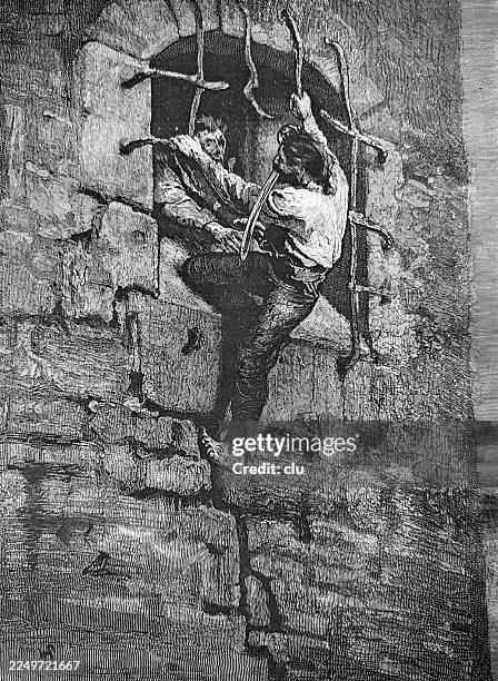 daring escape at the tower — two men struggling at a loophole in a scene inspired by victor hugo’s novel “ninety-three”, 18thcentury - victor hugo stock illustrations