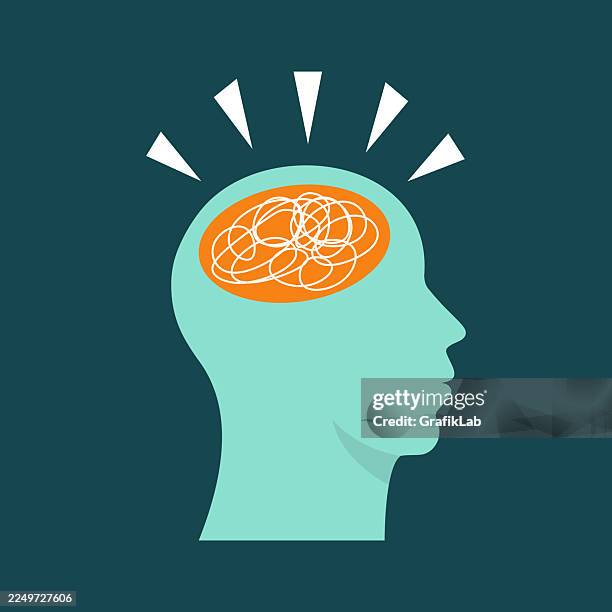 human head profile orange chaotic scribbled brain stress spikes - adhd stock illustrations