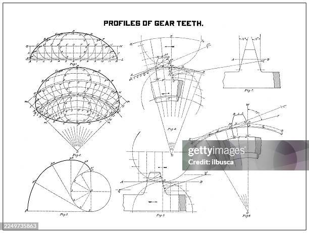 profiles of gear teeth - mechanical engineering drawing stock illustrations