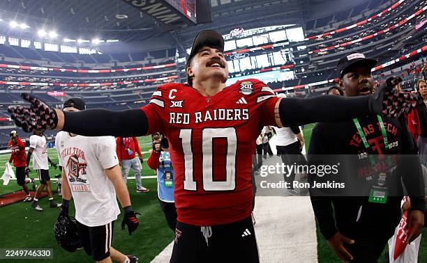 Jacob Rodriguez of the Texas Tech Red Raiders celebrates following the team's win over the BYU Cougars for the Big 12 Championship at AT&T Stadium on...