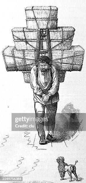 a parisian porter, fully loaded and bent over, carries heavy suitcases, 19th century - over burdened stock illustrations