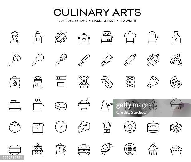 culinary arts editable stroke icon set - chef knife stock illustrations