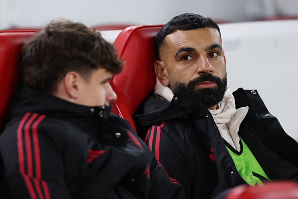 Mohamed Salah of Liverpool looks on form the bench prior to the Premier League match between Liverpool and Sunderland at Anfield on December 03, 2025...