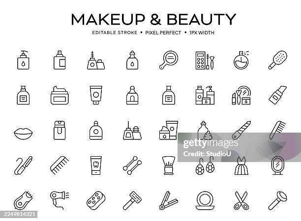 makeup and beauty editable stroke icon set - makeup bag stock illustrations