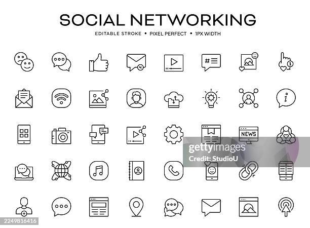 ilustrações de stock, clip art, desenhos animados e ícones de social networking editable stroke icon set - ícone de redes sociais