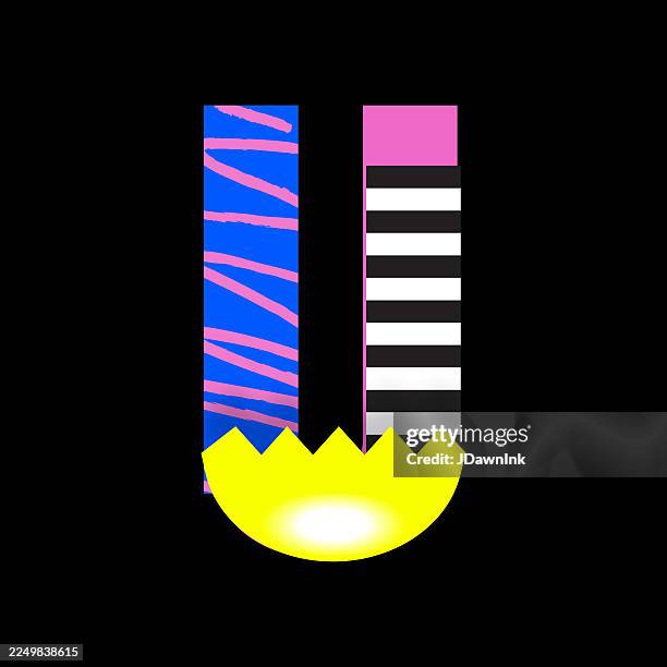 retro 80s and y2k bold modular capital letter u font with geometric patterns and neon elements design - 1990 stock illustrations