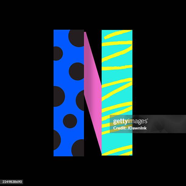 retro 80s and y2k bold modular capital n letter font with geometric patterns and neon elements design - 1990 stock illustrations