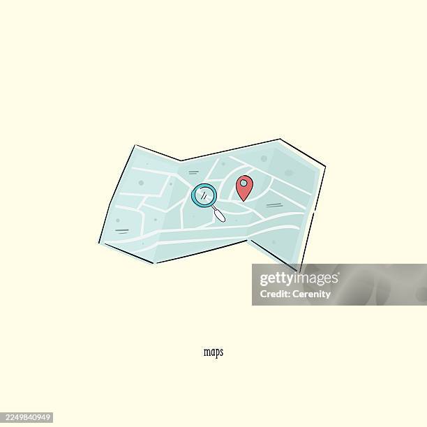 folded map magnifying glass location pin illustration - folded map stock illustrations