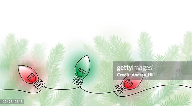 christmas evergreen branches and christmas twinkle lights, continuous line drawing banner - pine tree transparent background stock illustrations