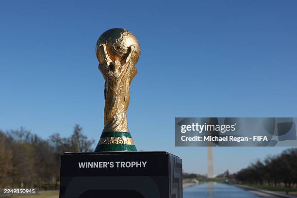 The FIFA World Cup Trophy is seen with the Washington Monument ahead of the FIFA World Cup 2026 Official Draw on December 03, 2025 in Washington, DC.