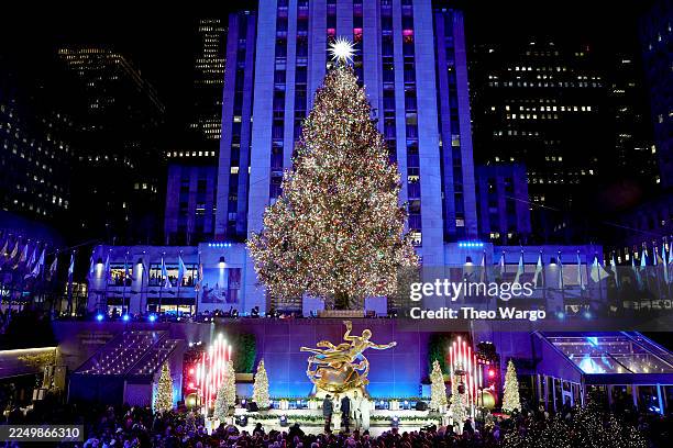 View of the lit tree during the 2025 Rockefeller Center Christmas Tree Lighting Ceremony on December 03, 2025 in New York City.