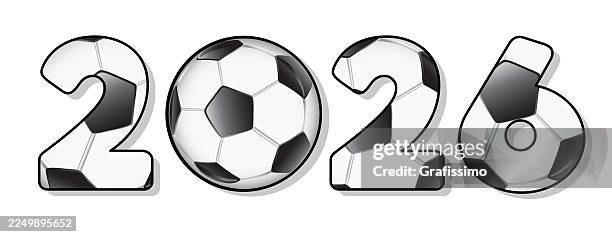 happy new year 2026 with soccer ball on white background flat design illustration - kicking-soccer-ball-clip-art stock illustrations