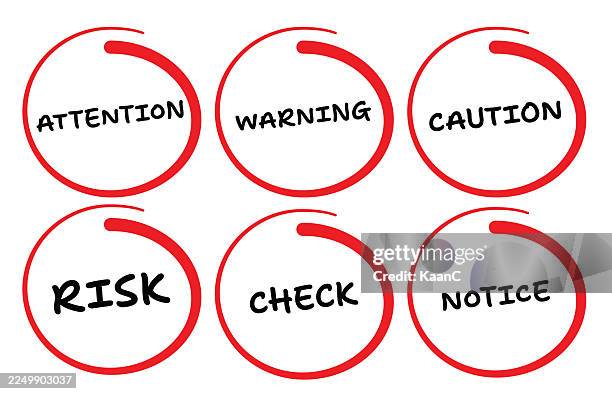 highlighted warning vector icons. warning lettering in red circle vector stock illustration - check mark in circle stock illustrations