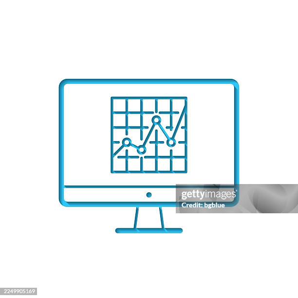 desktop computer with graph. icon cut out on white paper with blue background - trading desk stock illustrations