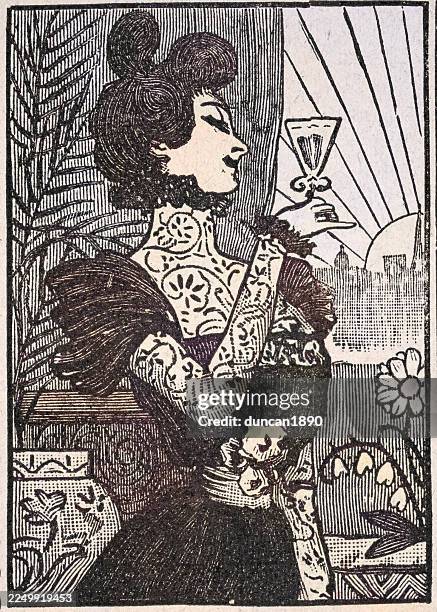 history, fashion, well dressed woman drinking a glass of liqueur , vintage illustration, 1890s, victorian art, 19th century - martini glass drawing stock illustrations