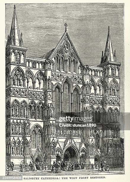 salisbury cathedral, west front restored, history, architecture - salisbury cathedral stock illustrations