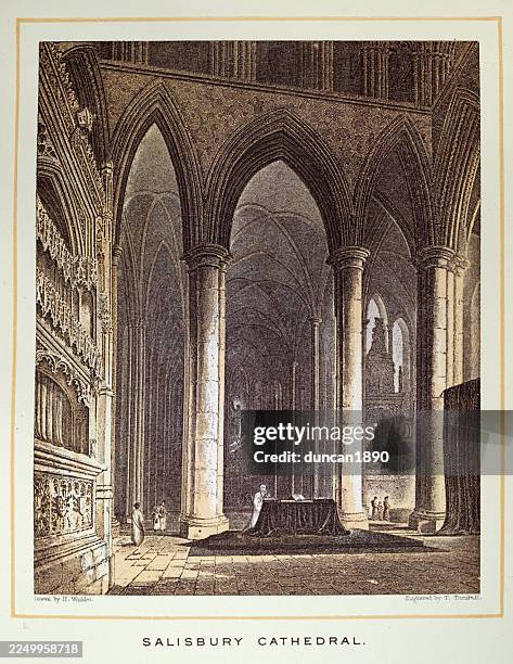 salisbury cathedral, interior, columns, history, architecture - salisbury cathedral stock illustrations