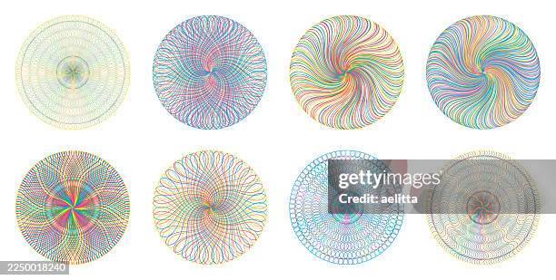 set of ornamental circular elements created with guilloche style interlacing lines. - paper windmill stock illustrations