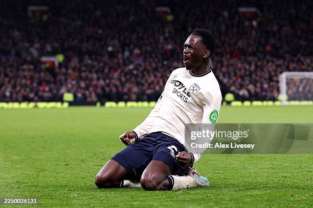 Soungoutou Magassa of West Ham United celebrates scoring his team's first goal during the Premier League match between Manchester United and West Ham...