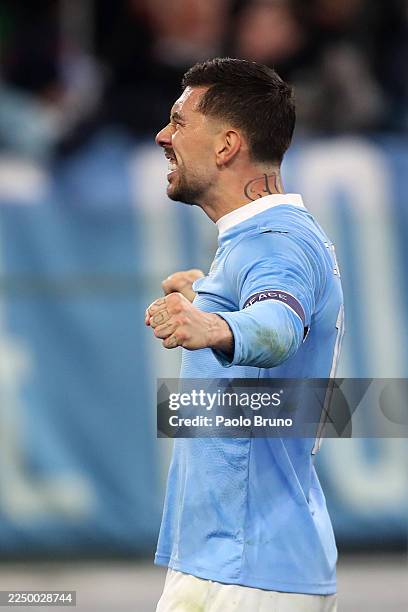 Mattia Zaccagni of Lazio celebrates scoring his team's first goal during the Coppa Italia Round of 16 match between SS Lazio and AC Milan at Olimpico...
