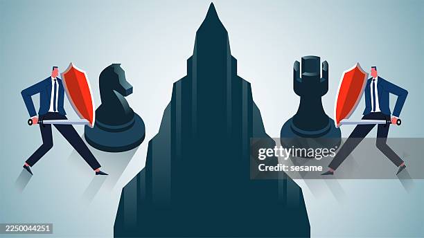 global trade wars or strategic plans, two traders with swords and shields standing next to different chess pieces on each side of the gully. - chess concept stock illustrations