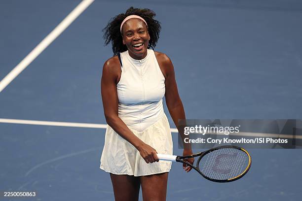 Venus Williams reacts against Madison Keys during the Charlotte Invitational at Spectrum Center on December 4, 2025 in Charlotte, North Carolina.