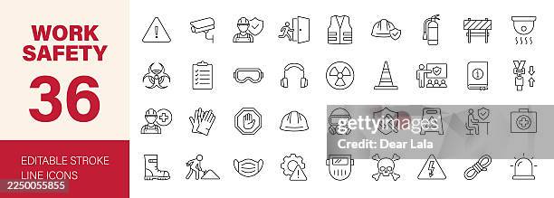 arbeitssicherheitssymbol gesetzt. editierbare liniensymbole. vektorillustration. - radioaktive strahlung stock-grafiken, -clipart, -cartoons und -symbole