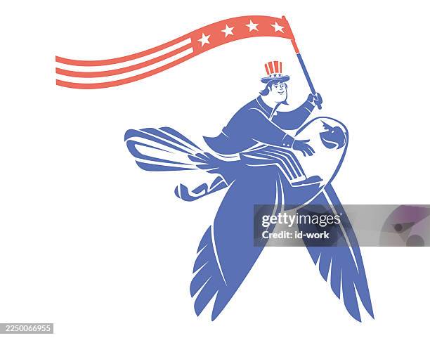 ilustraciones, imágenes clip art, dibujos animados e iconos de stock de uncle sam ondeando la bandera con águila calva - sam the eagle