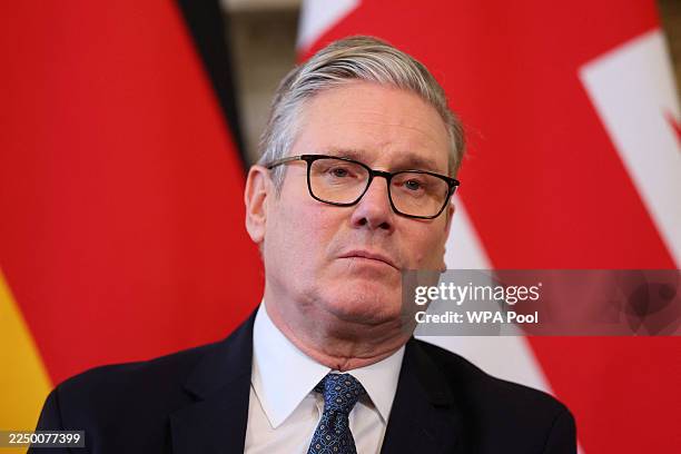 British Prime Minister Keir Starmer looks on during a meeting with Ukrainian President Volodymyr Zelenskiy, French President Emmanuel Macron, and...