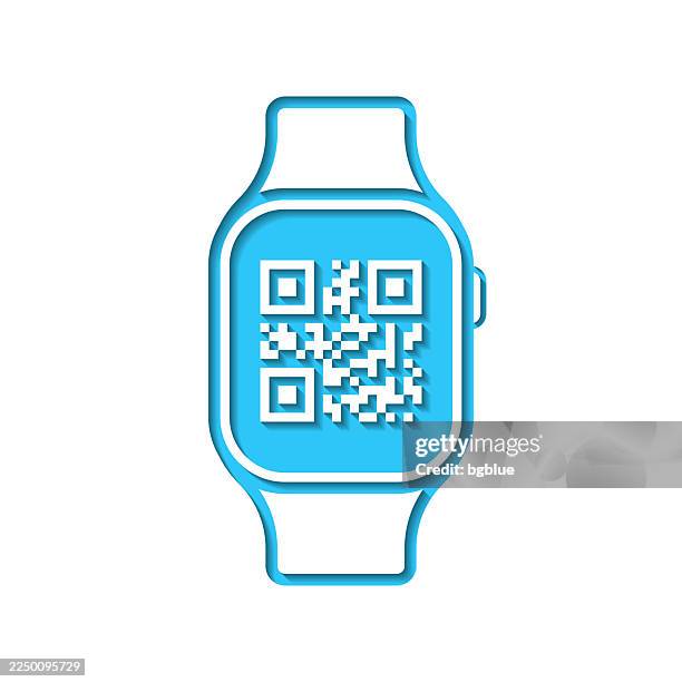 ilustraciones, imágenes clip art, dibujos animados e iconos de stock de reloj inteligente con código qr. icono recortado en papel blanco con fondo azul - qr-code-scan-icon