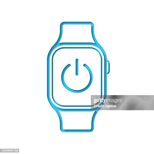 smartwatch with power button. icon cut out on white paper with blue background - push button to exit stock illustrations