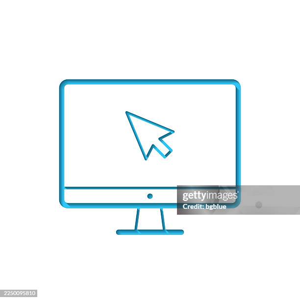 desktop computer with pointer. icon cut out on white paper with blue background - using computer blank screen stock illustrations
