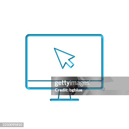 Desktop computer with pointer. Icon cut out on white paper with blue background Desktop computer with pointer. Icon cut out on white paper with blue background