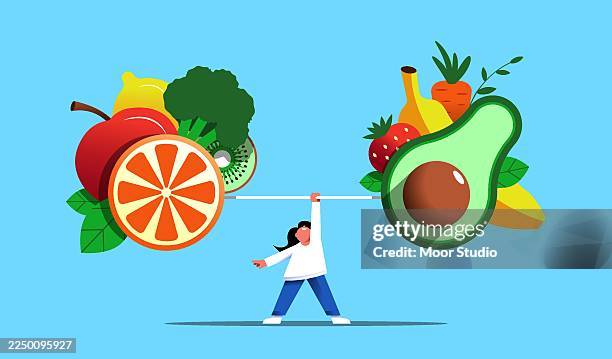 bildbanksillustrationer, clip art samt tecknat material och ikoner med little girl lifting barbell with fruits illustration - hälsosamt ätande