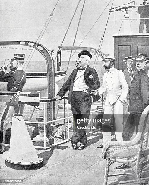 formal state visit on warship deck, showing a civilian dignitary conversing with a high-ranking naval officer, emphasizing diplomatic maritime power and the strict protocol of official inspections, 19th century - decking stock illustrations