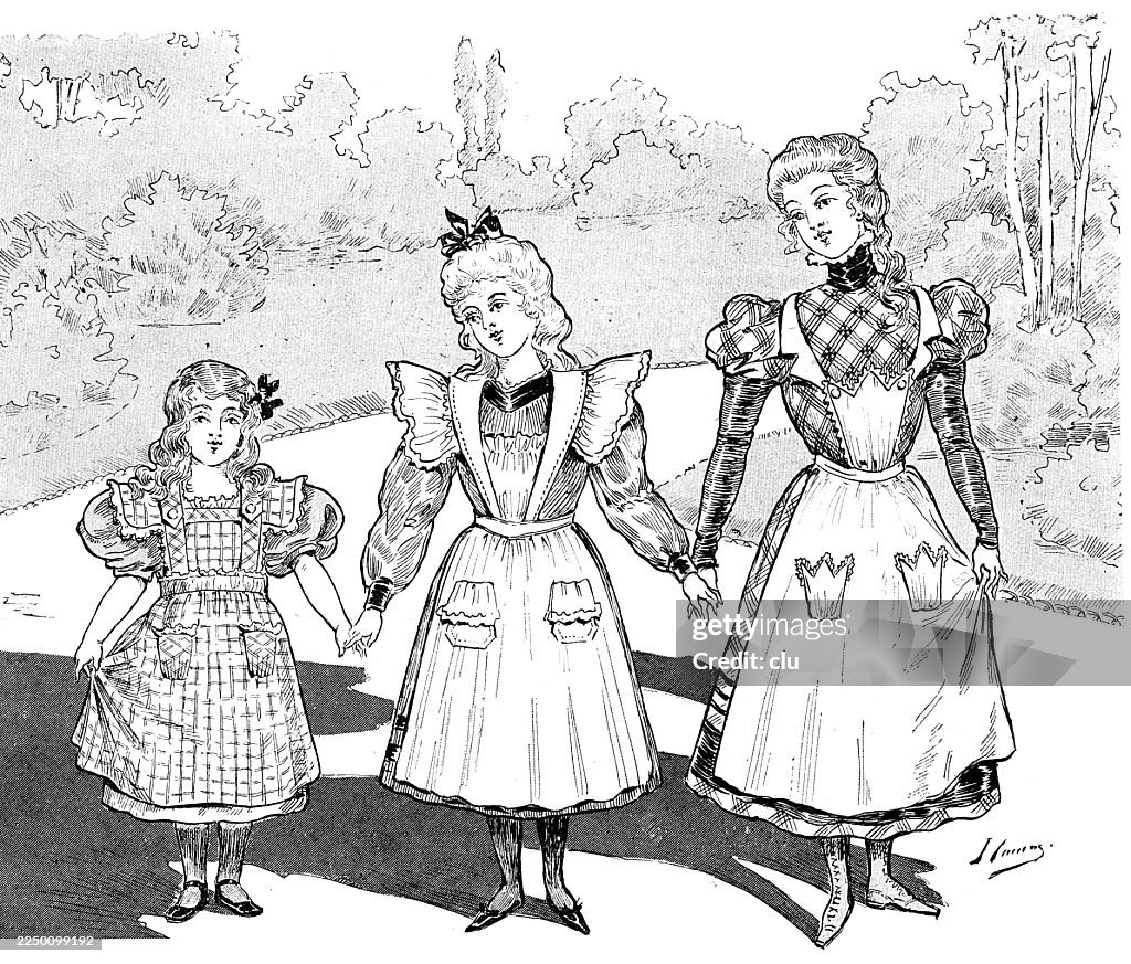 Three Girls in Matching Aprons — strolling hand in hand in a garden path, showing coordinated fashions of the late 19th century