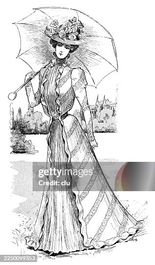 Elegant Parisian Lady with Parasol — wearing a flowing striped gown and flowered hat during a summer promenade, full lenght, front view, looking at the viewer, 19th century Elegant Parisian Lady with Parasol — wearing a flowing striped gown and flowered hat during a summer promenade, full lenght, front view, looking at the viewer, 19th century