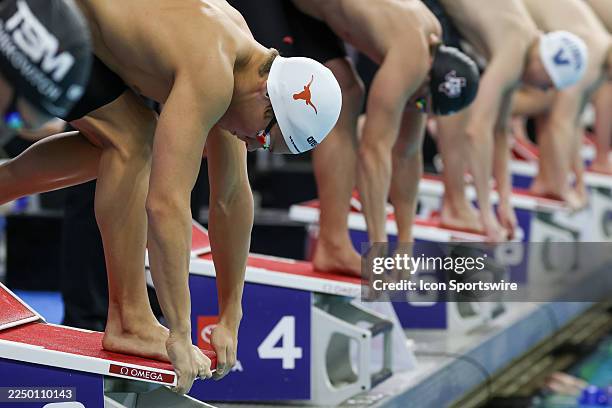Spencer Aurnou-Rhees readies on the starting block before a men's 400 meter individual medley preliminary heat during day three of the Toyota US Open...