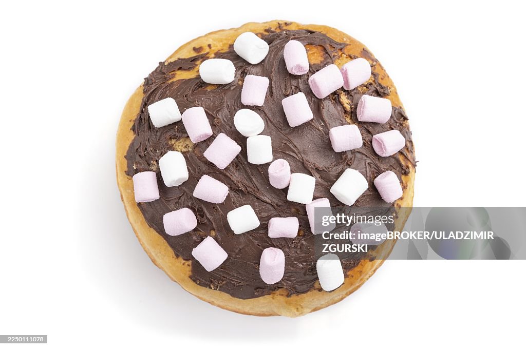 Homemade glazed and decorated chocolate easter pie isolated on a white background. Top view, flat lay, close up