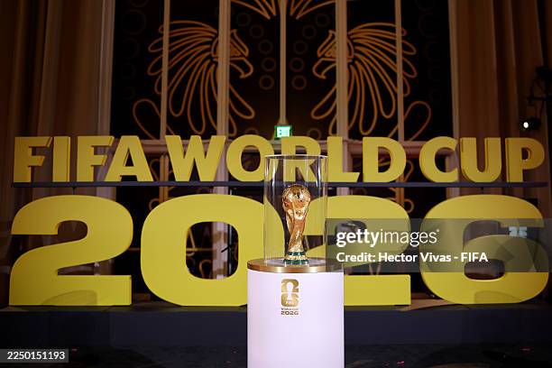 World Cup Trophy is displayed prior to the FIFA World Cup 2026 Official Draw at John F. Kennedy Center for the Performing Arts on December 05, 2025...