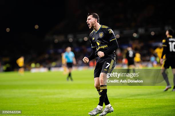 Mason Mount of Manchester United celebrates scoring a goal to make the score 1-3 during the Premier League match between Wolverhampton Wanderers and...