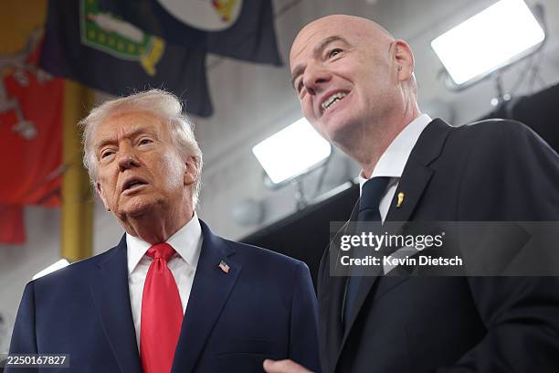 President Donald Trump and Gianni Infantino, President of FIFA, pose on the red carpet prior to the FIFA World Cup 2026 Official Draw at John F....